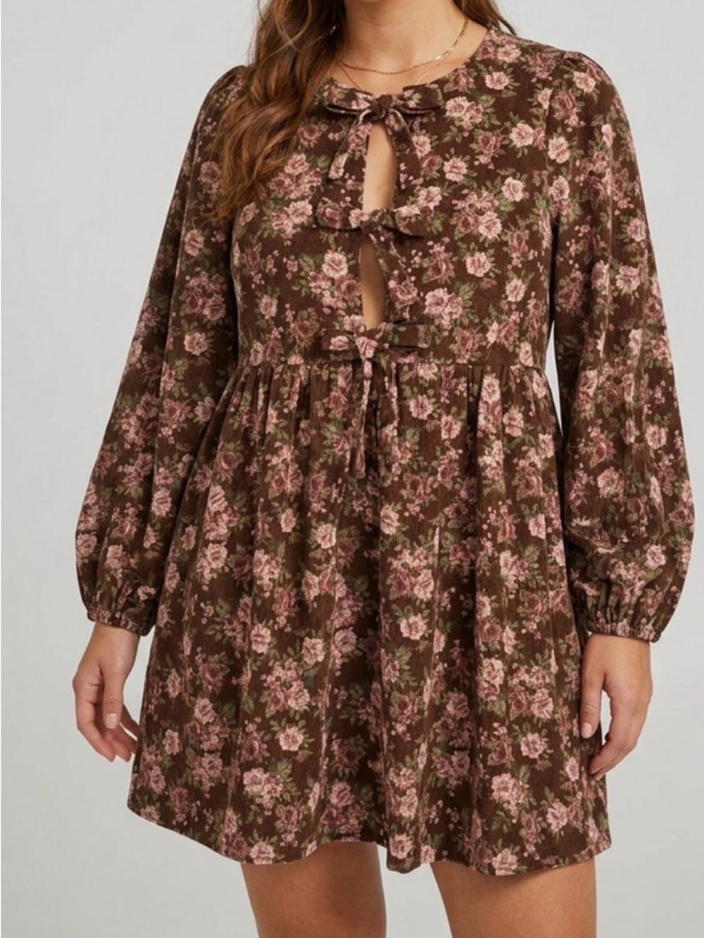 Bohme LovLov Beatrice Corduroy Brown Floral Mini Dress size large